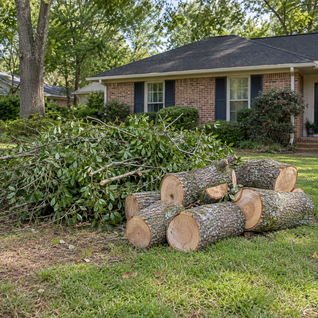 Cut trunk rounds and leafy branches grouped near a brick home