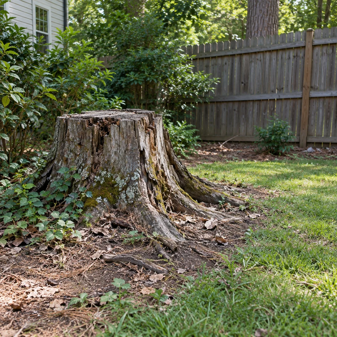 Weathered stump near a fence with roots in the yard