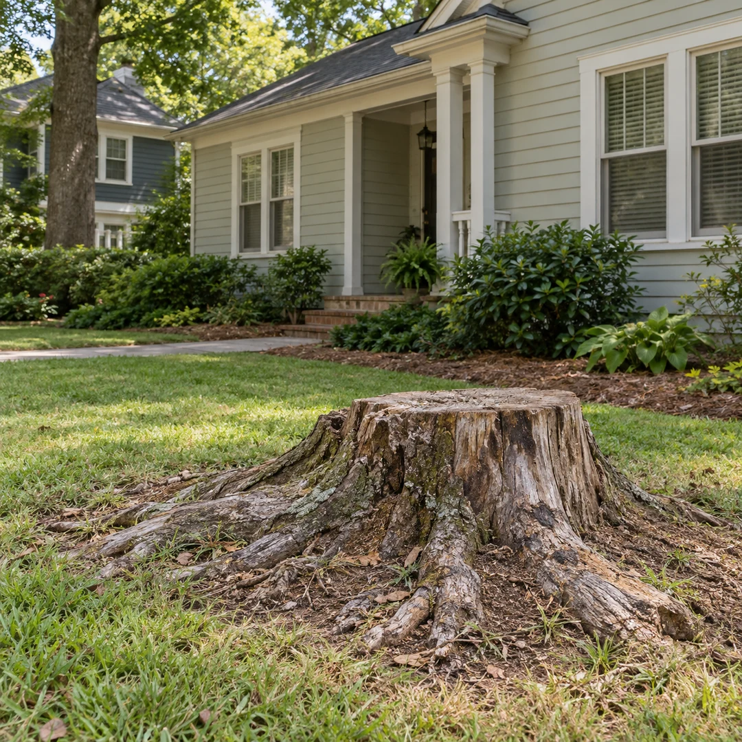 Old cut stump in an ordinary yard