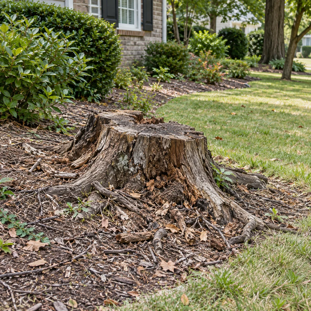 Decaying stump and surface roots along lawn edge