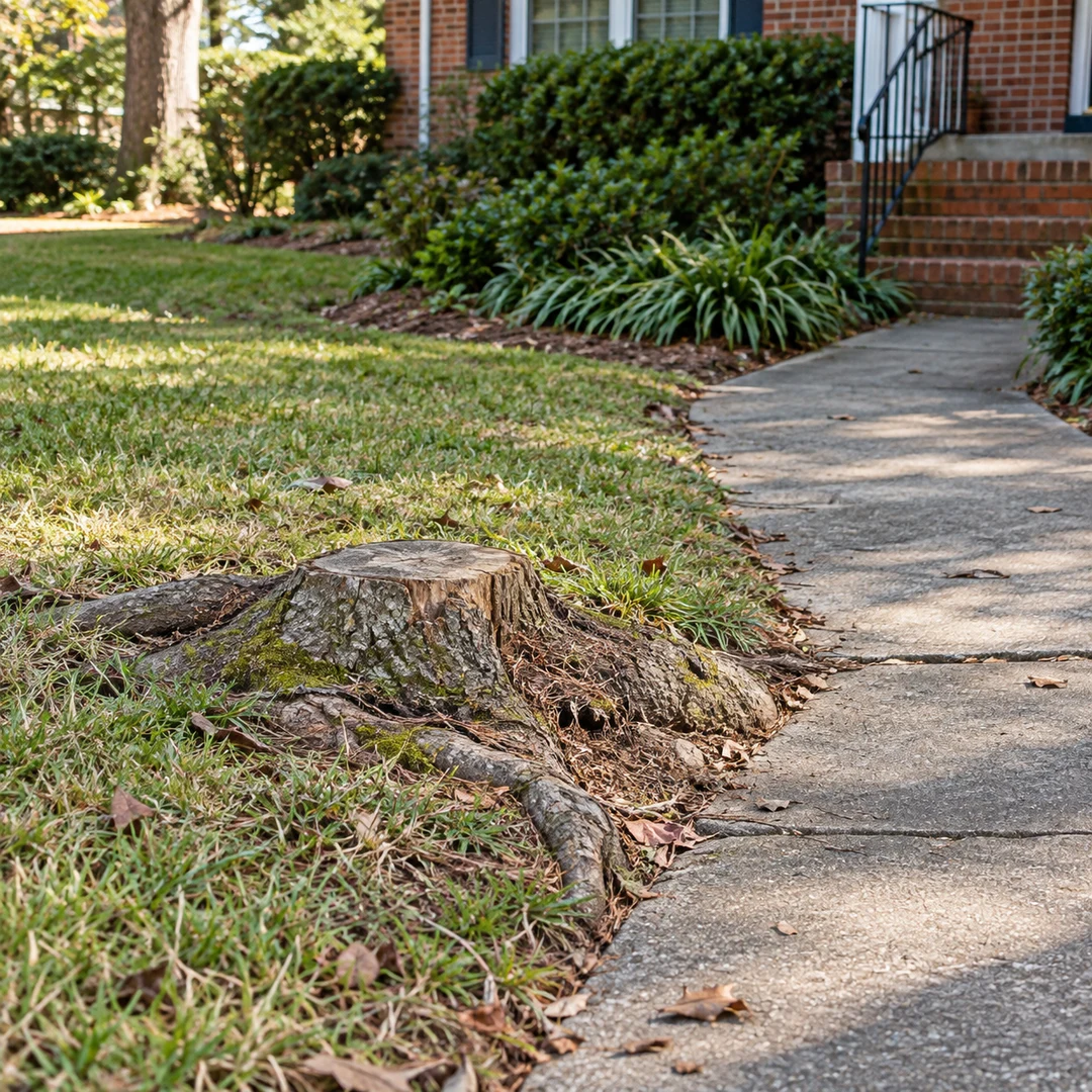 Low stump and roots beside a concrete walking path