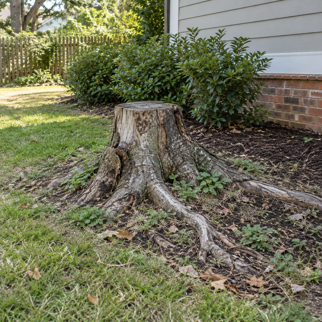 Weathered stump and exposed roots beside a residential home