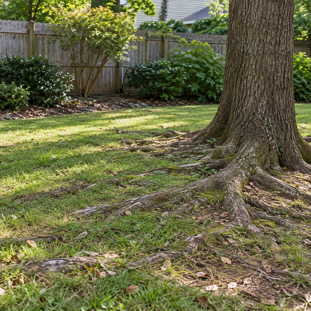 Mature tree with exposed roots crossing a lawn