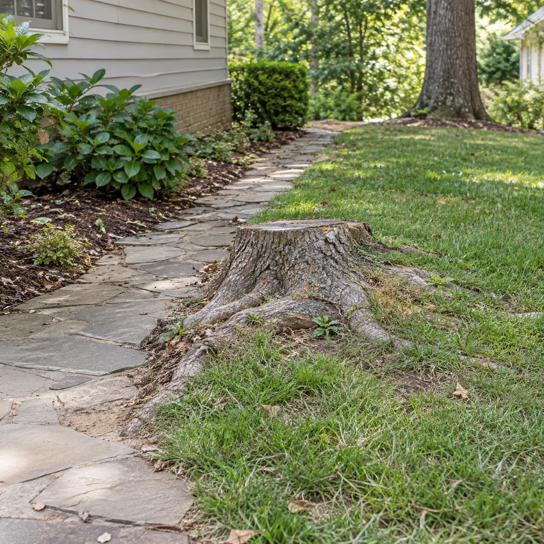 Low stump and roots beside a stone walking path