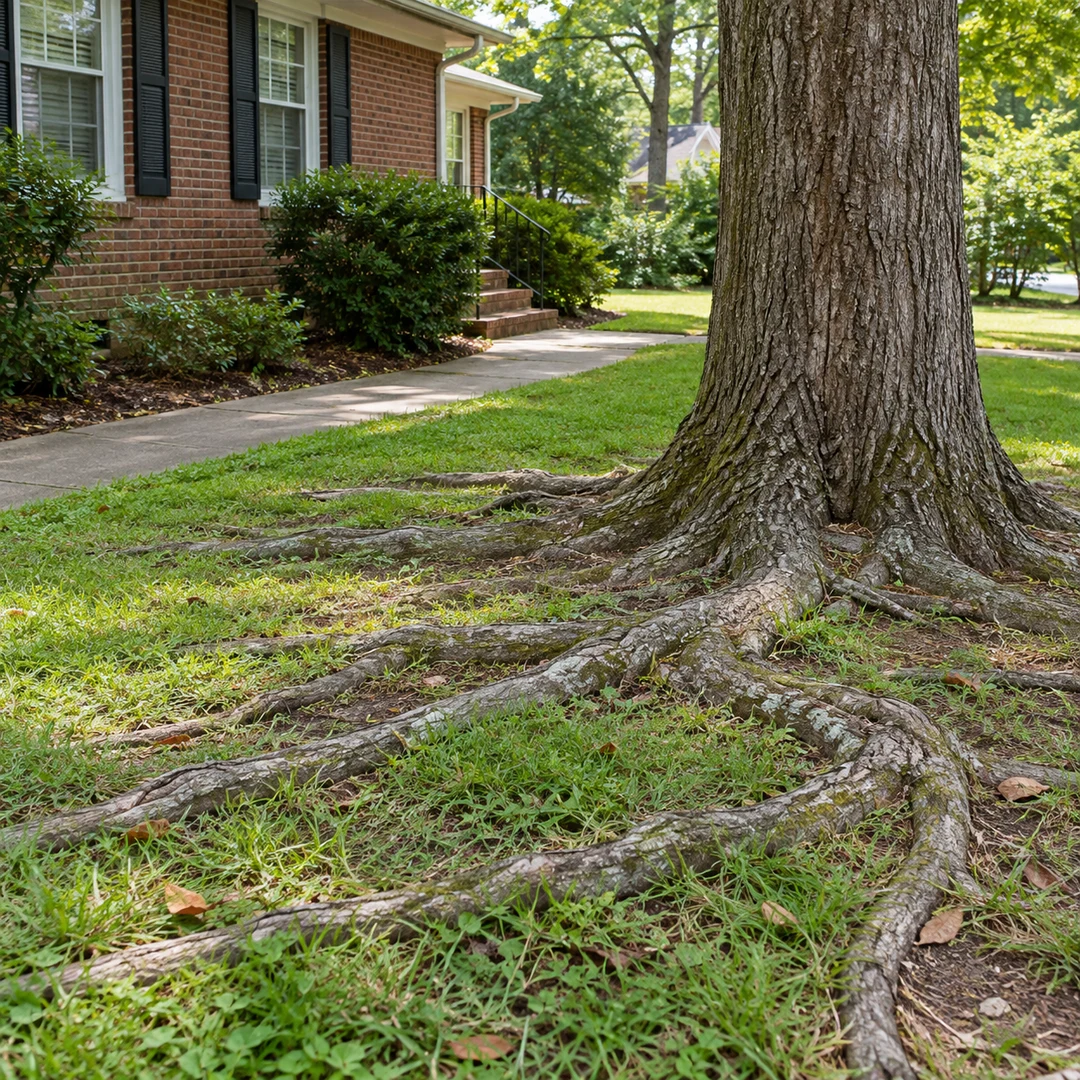 Surface roots extending from mature tree near a home
