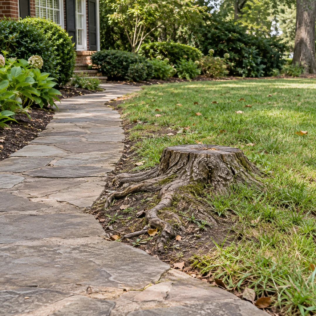 Cut stump and roots beside a curved garden path
