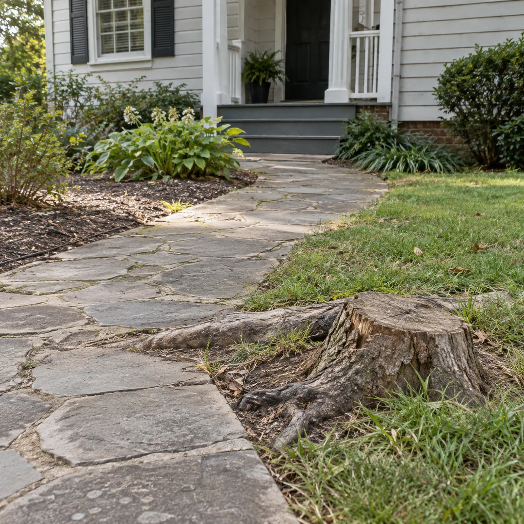 Stump interrupts the edge of a residential walking route