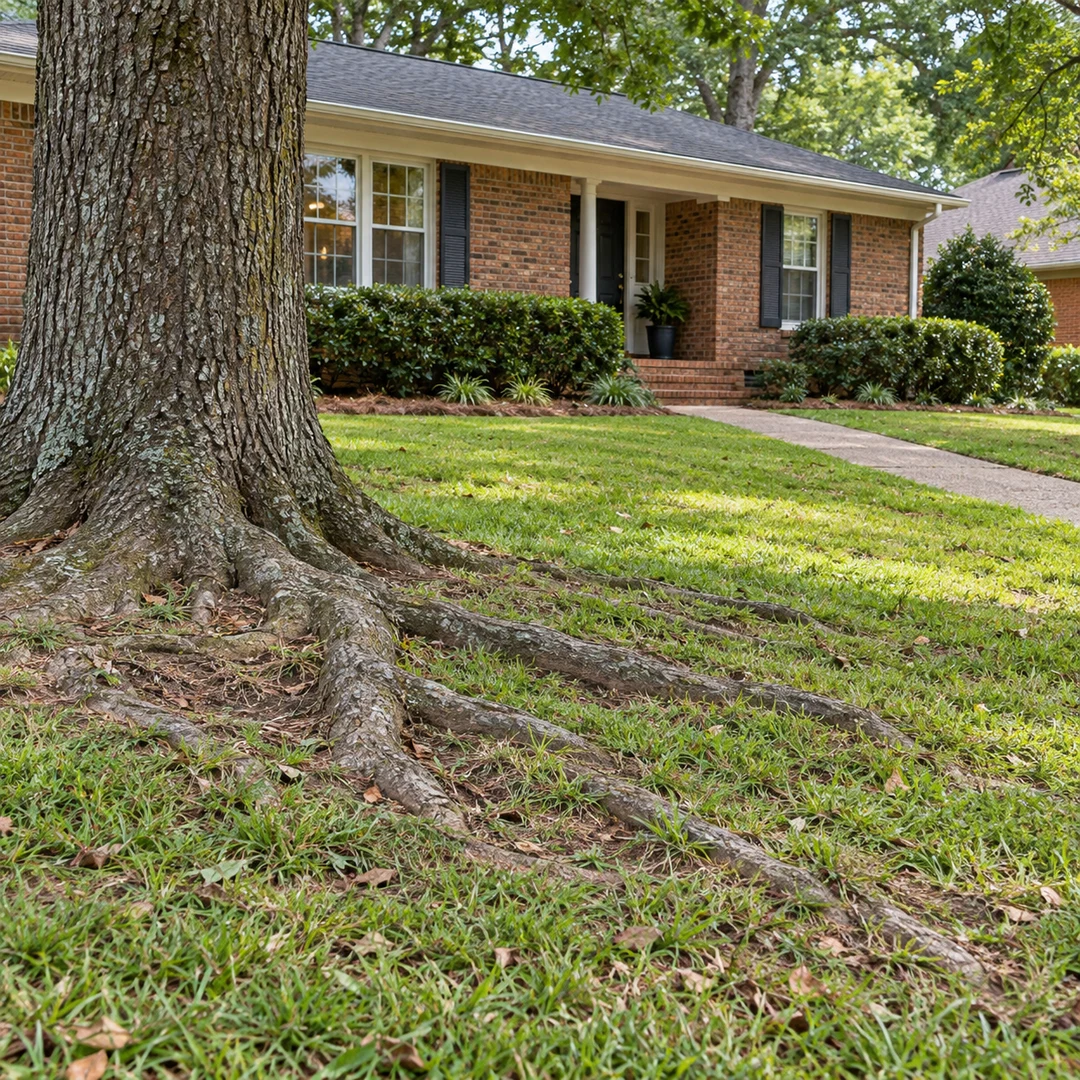 Raised roots beside a brick ranch house