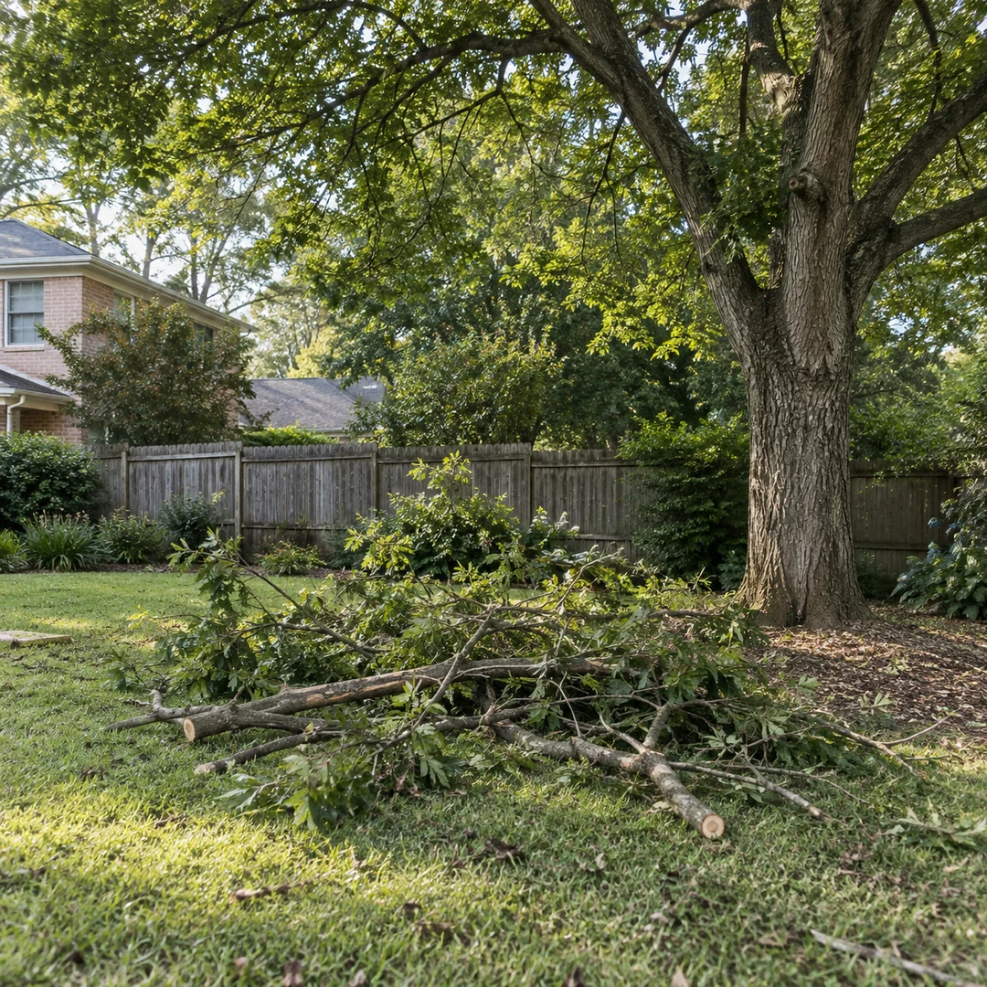 Selected cut tree limbs stacked beneath remaining canopy