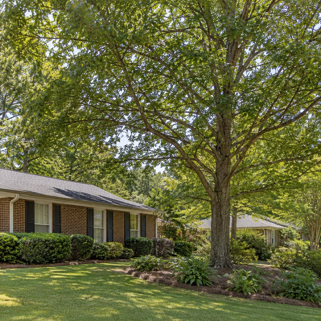 Mature shade tree with naturally open canopy beside a home