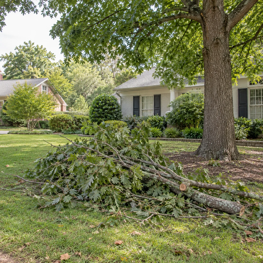Cut leafy branches on lawn beside a mature tree