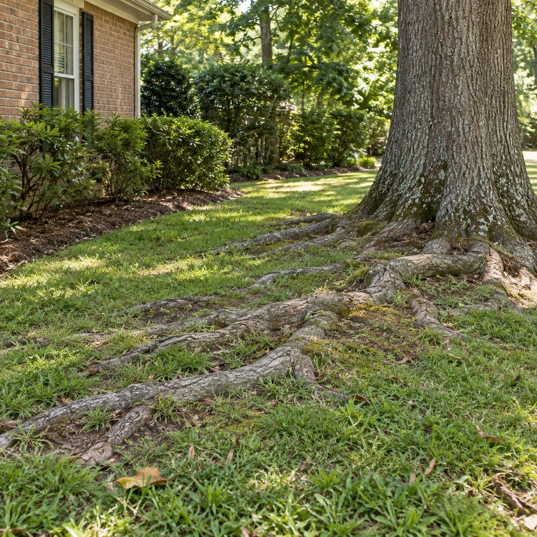 Exposed roots across the grass at a residential property