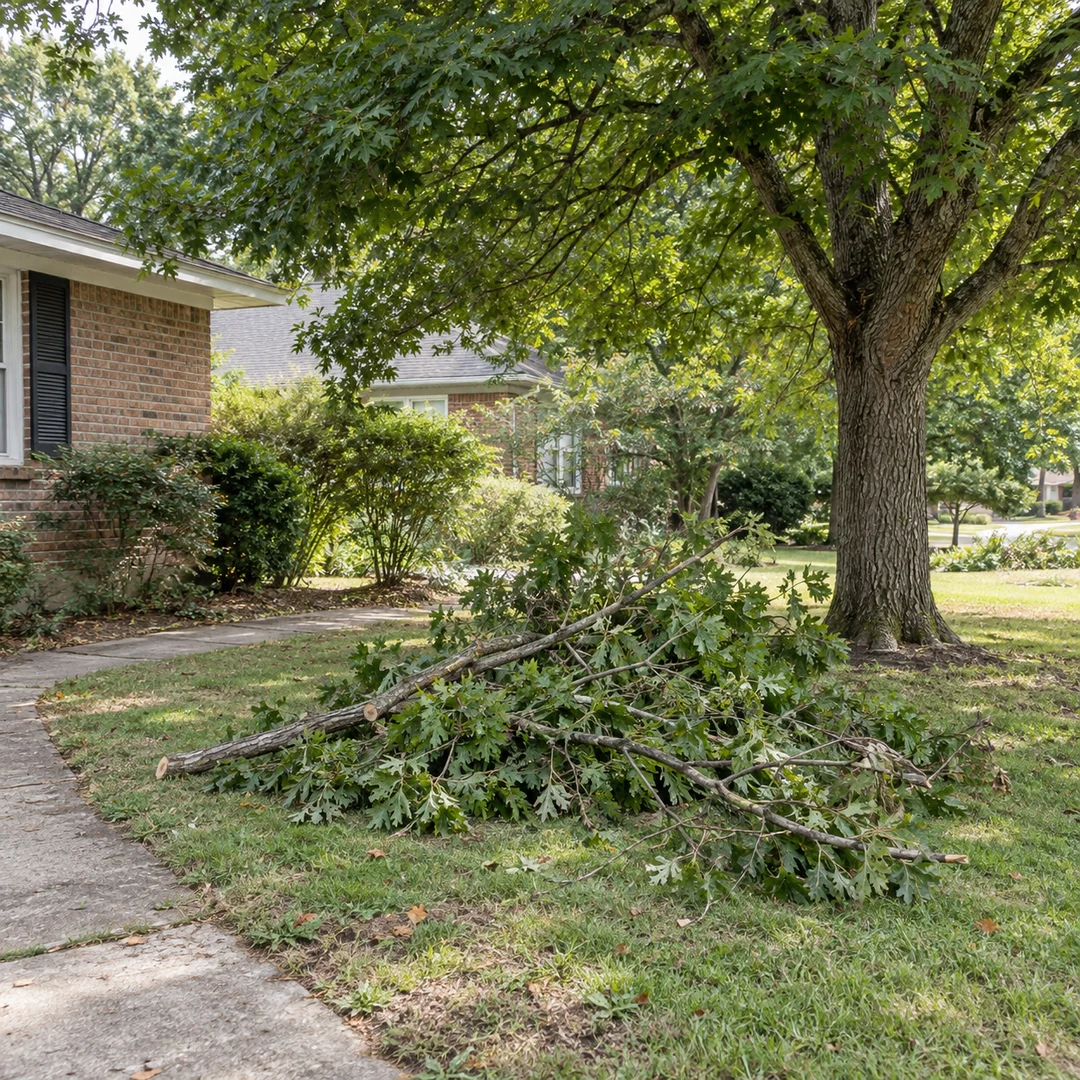 Removed branches grouped near a house and healthy tree