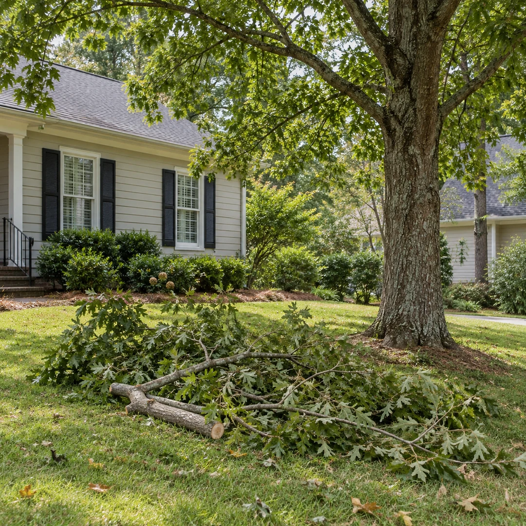 Removed limbs grouped below a healthy shade tree