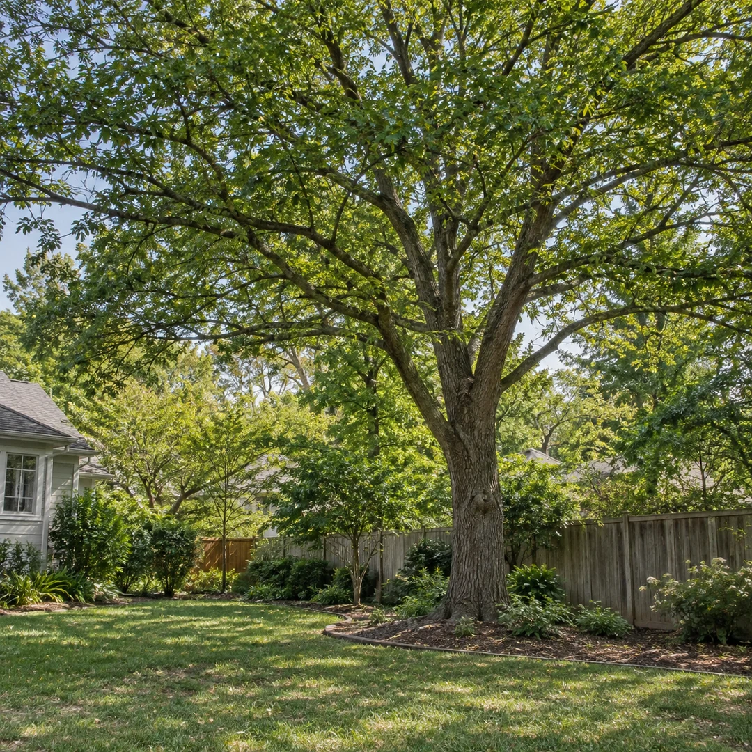 Balanced shade tree beside a fenced yard