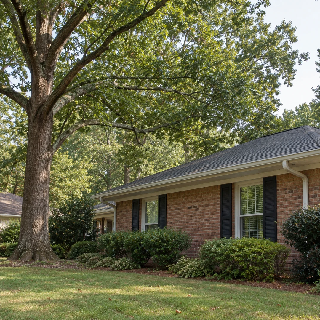 Mature tree beside a residential roofline