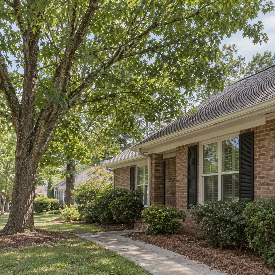 Tree branches near the roof of a brick ranch house