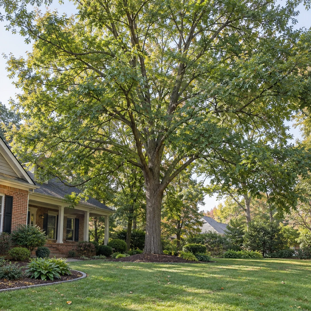 Full healthy canopy above an ordinary residential lawn