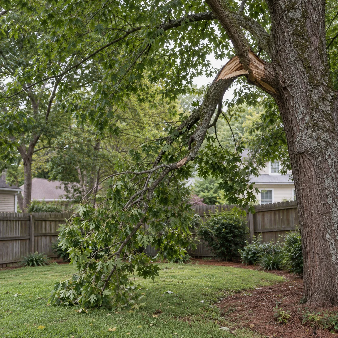 Split branch hanging over a residential yard
