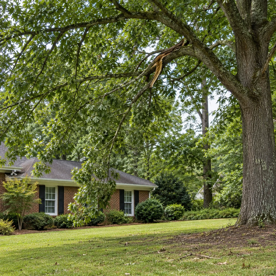 Broken limb suspended above an open lawn