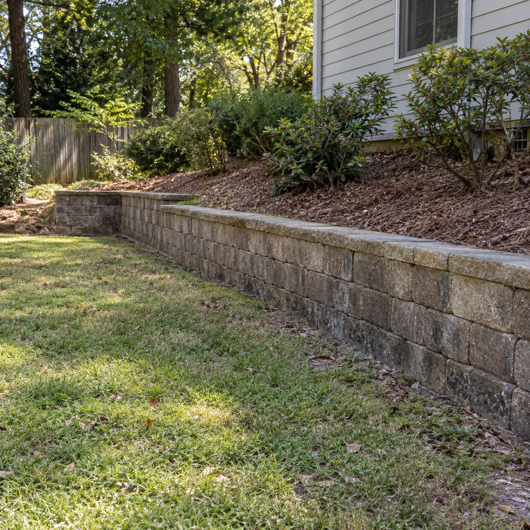 Low retaining wall defining a residential landscape bed