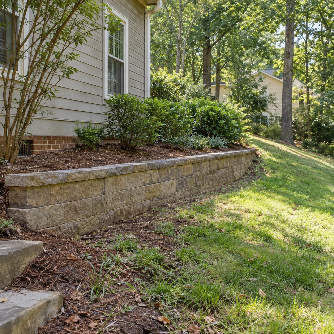 Retaining wall beside shrubs and a downspout