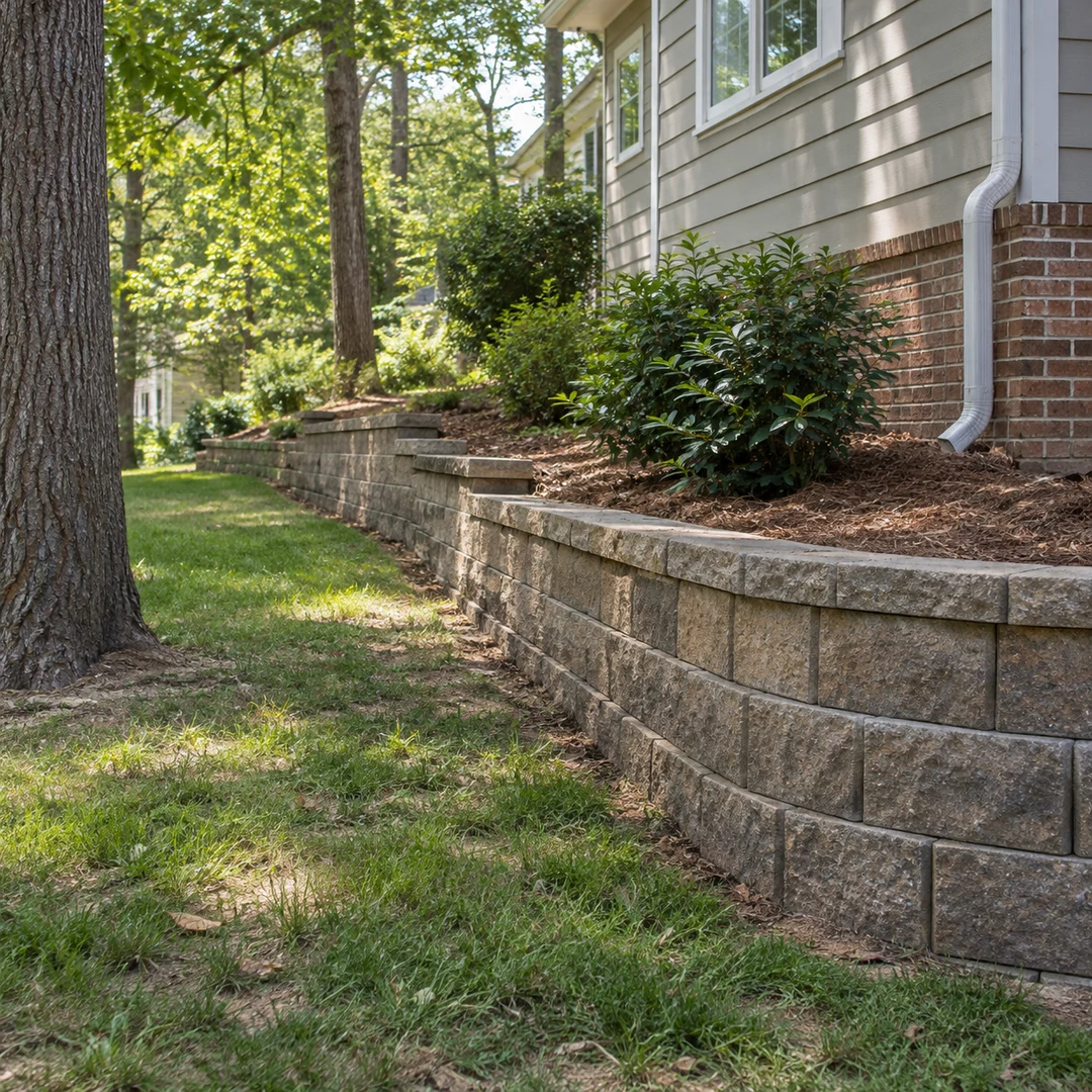 Block retaining wall curving around a mature tree