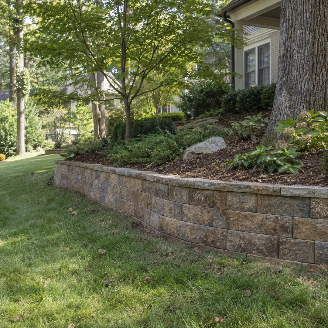Low stone retaining wall at a sloped residential lawn