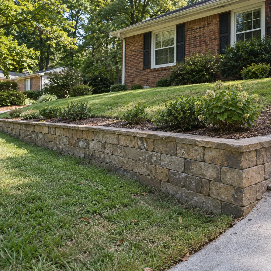 Low wall below the front lawn of a brick ranch home