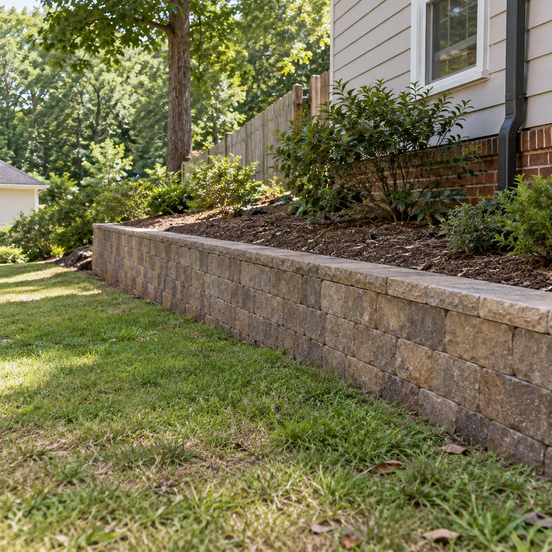Low landscape wall around a modest home