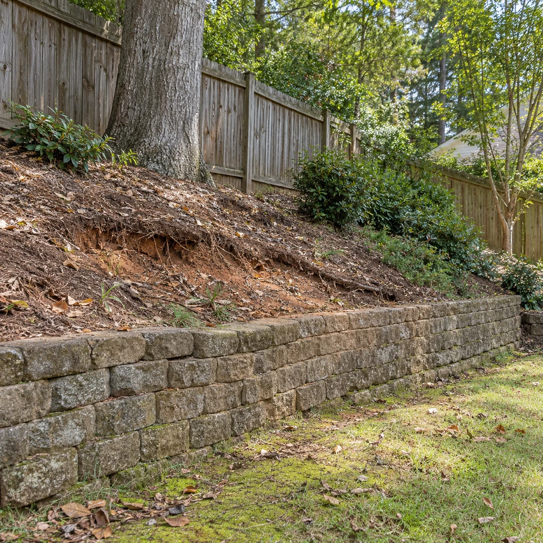Older block wall supporting a backyard planting area