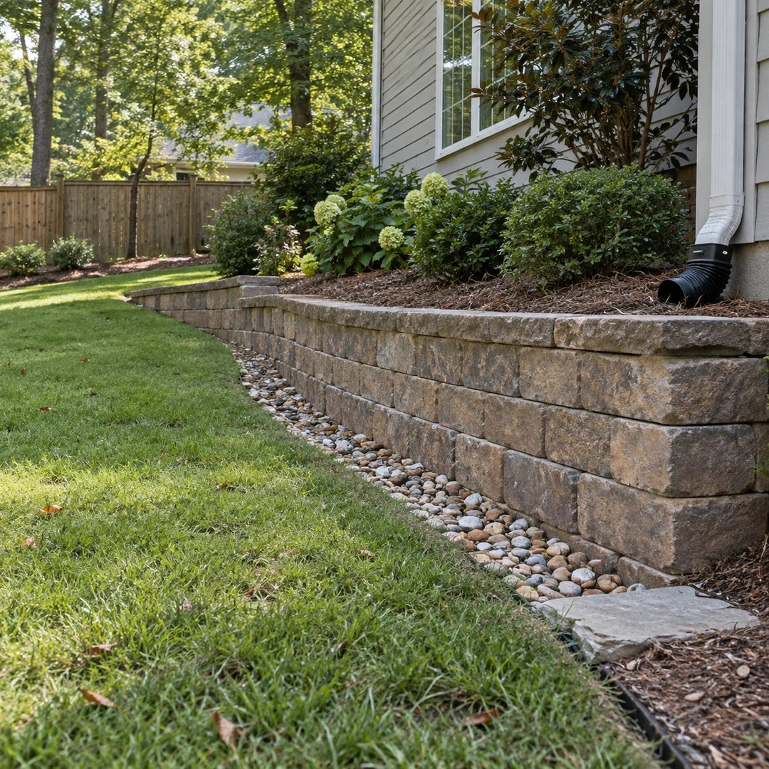 Drainage stone at the base of a residential retaining wall
