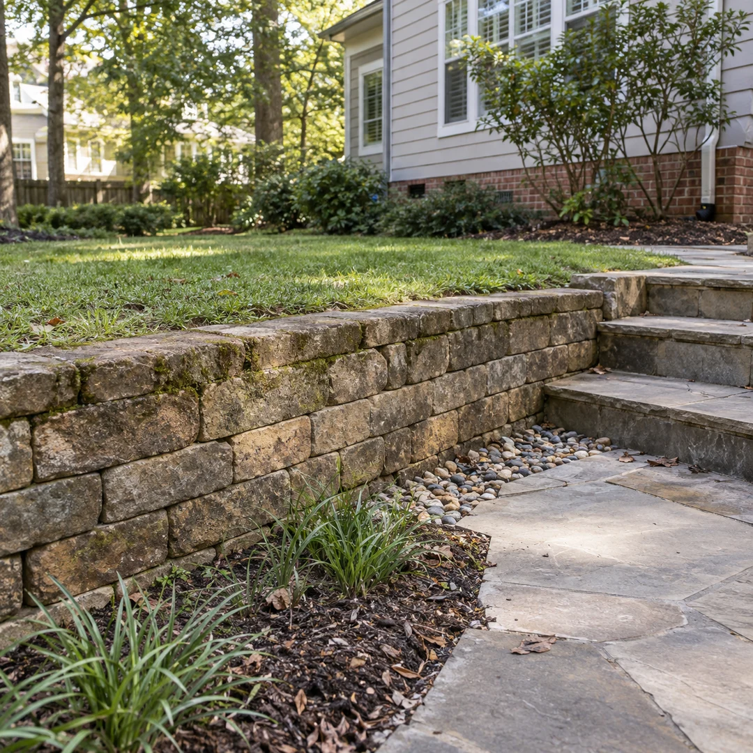 Surface drainage beside a stepped retaining wall