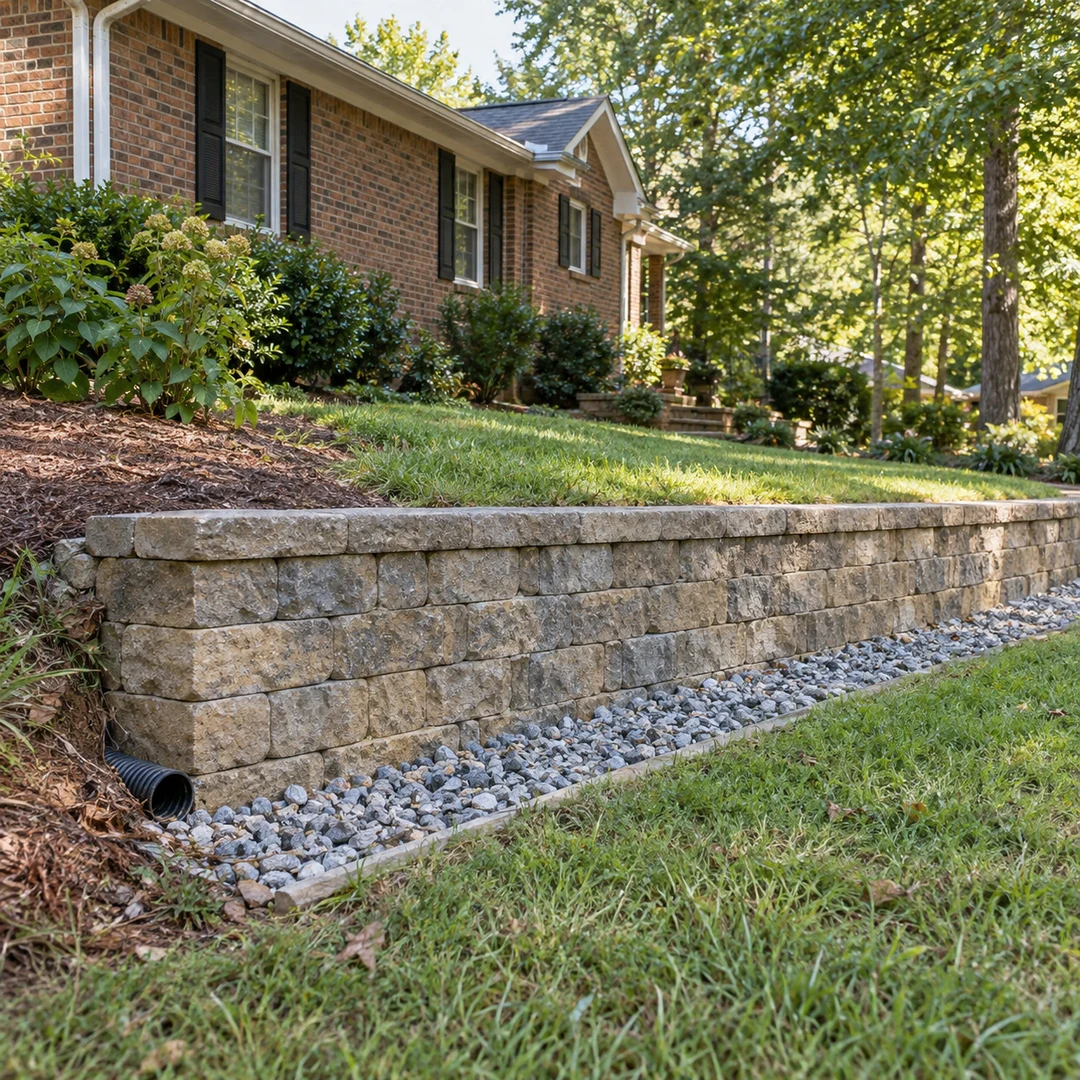 Drainage outlet and gravel beside a retaining wall