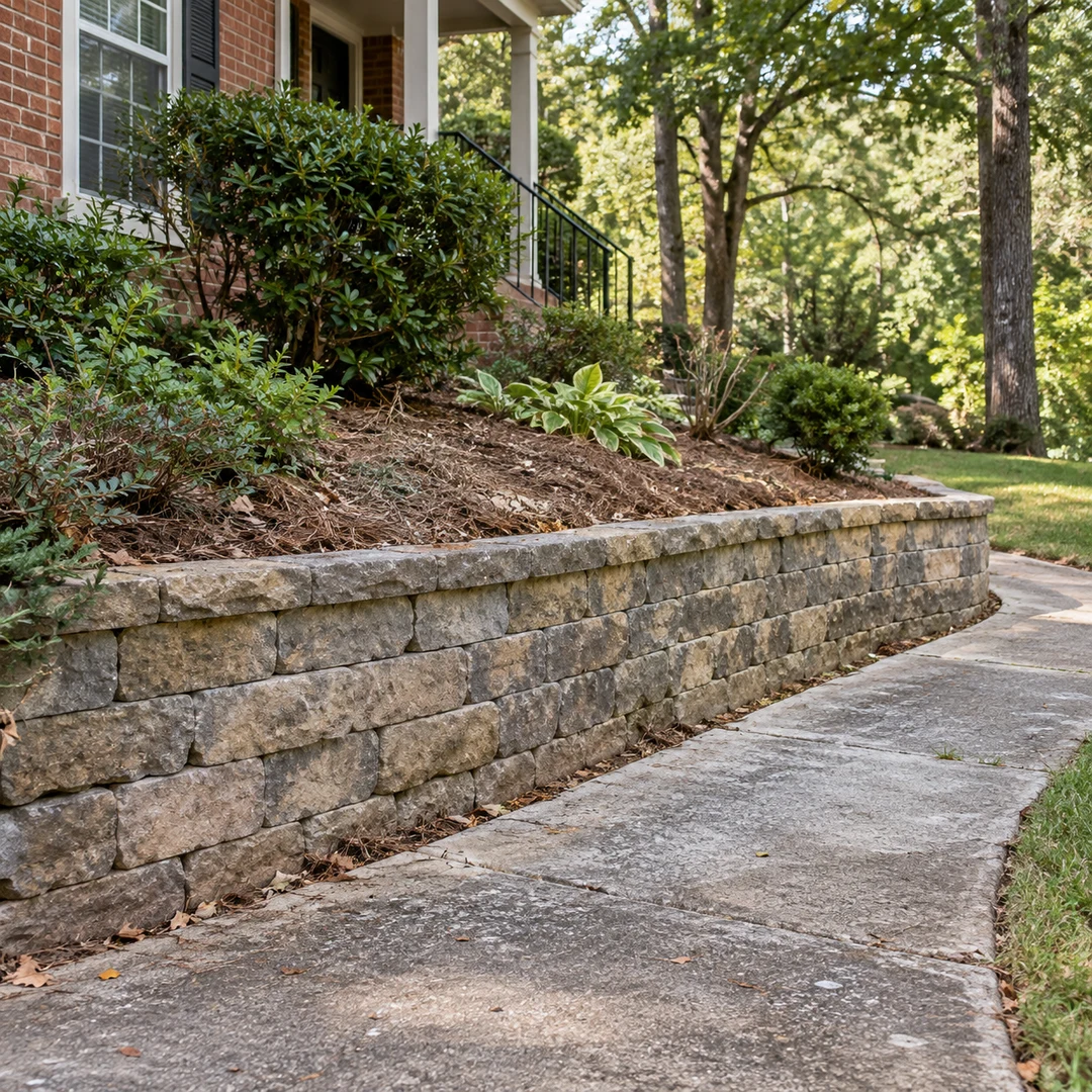 Low retaining wall beside a concrete walkway