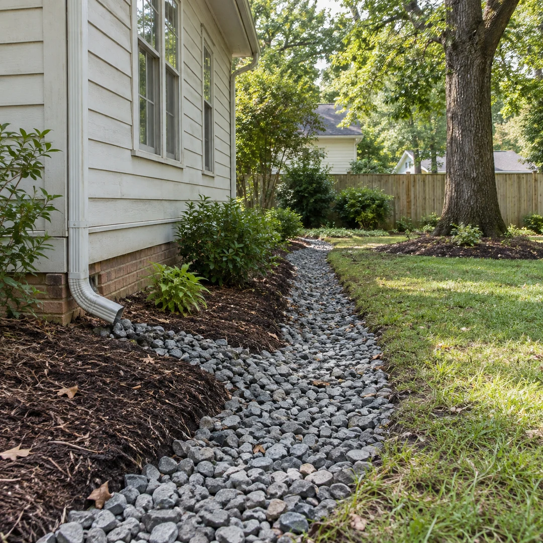 Downspout and drainage stone along a house