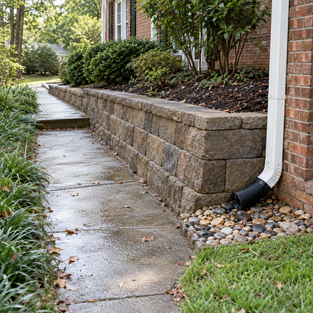 Downspout beside a retaining wall and walkway