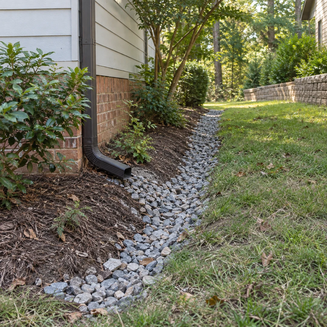 Rock lined swale beside a house
