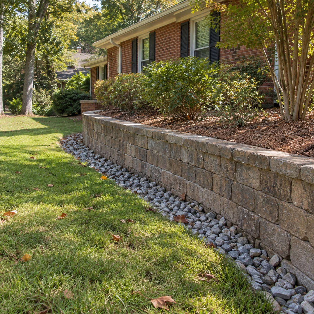 Drainage stone at the base of a residential wall