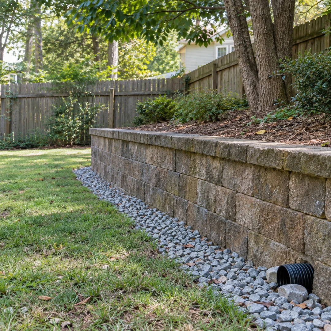Drain outlet at the base of a modest retaining wall