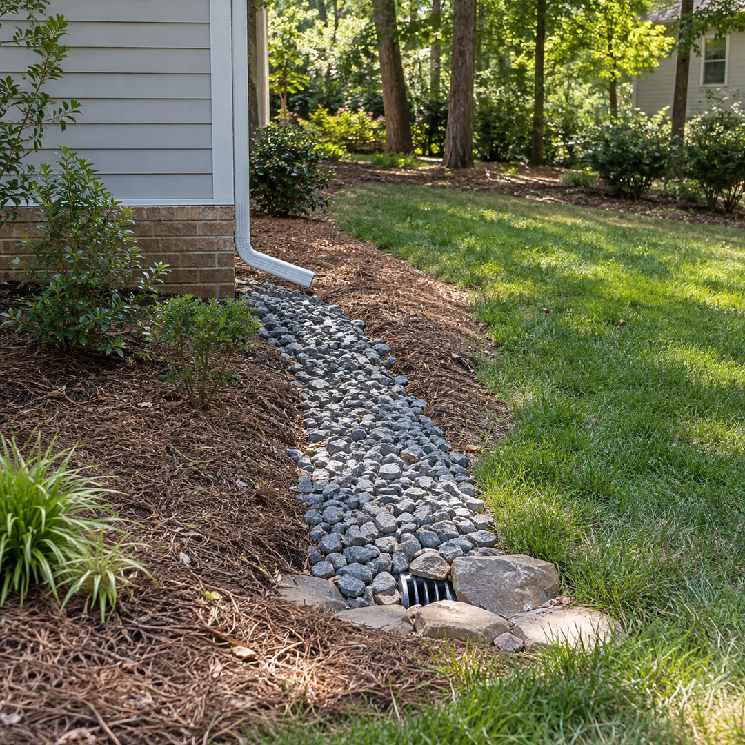 Stone swale ending at a drain outlet