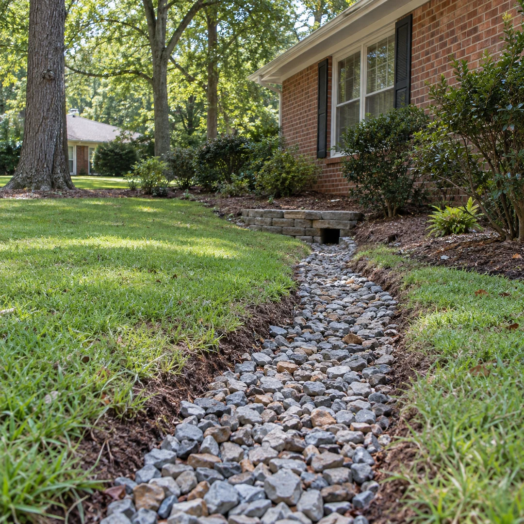 Rock lined drain route along a brick home