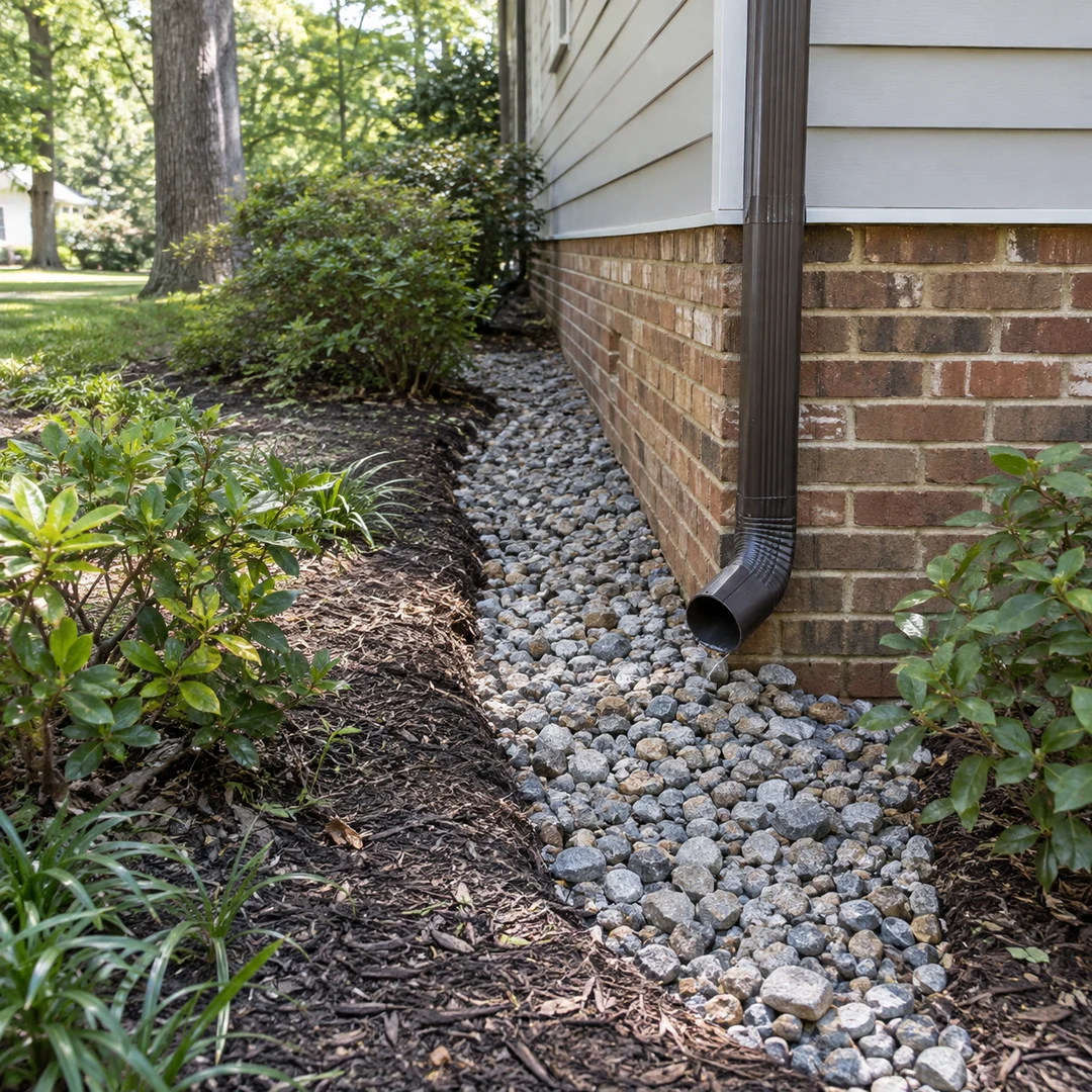 Downspout discharging beside foundation stone