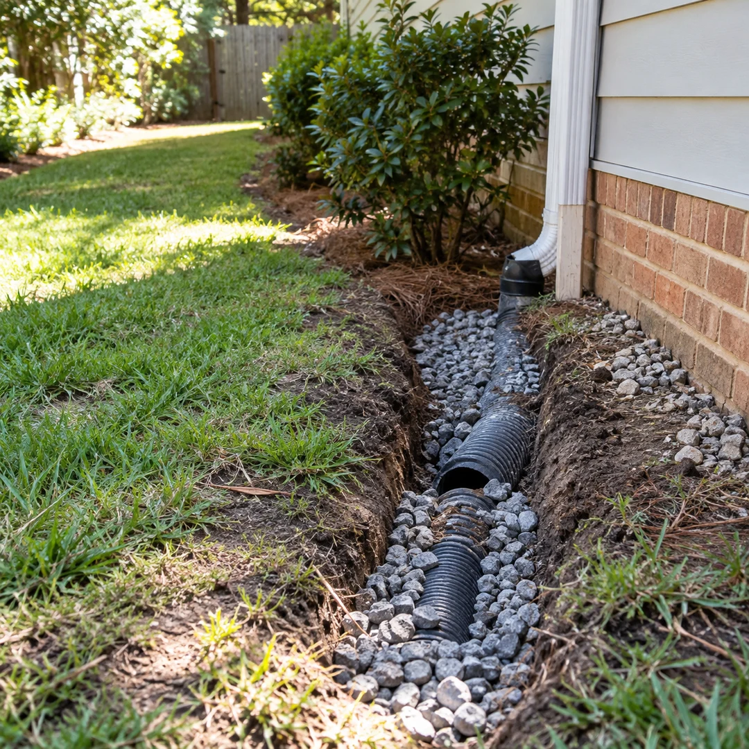 Exposed damaged drainage pipe in a shallow trench