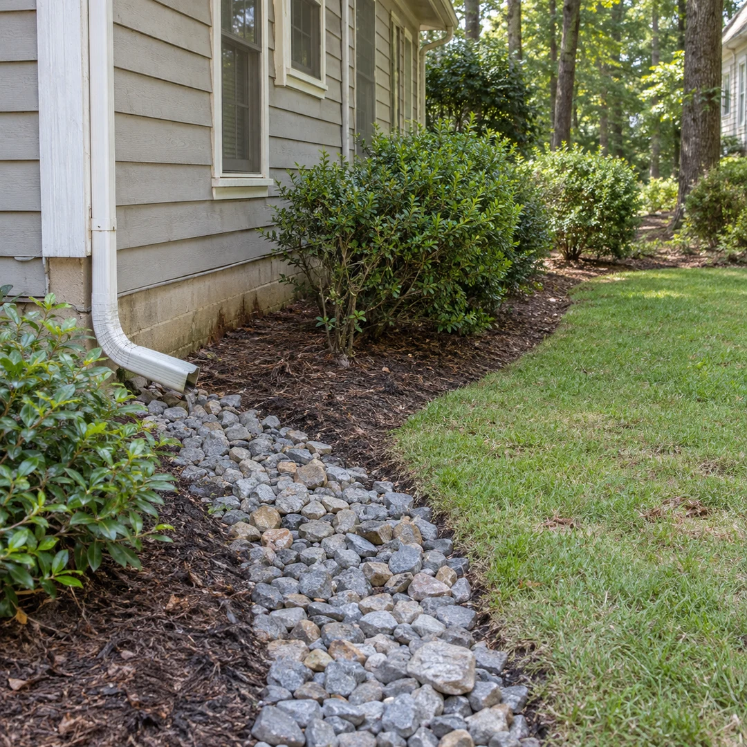 Repaired drainage route beside a house