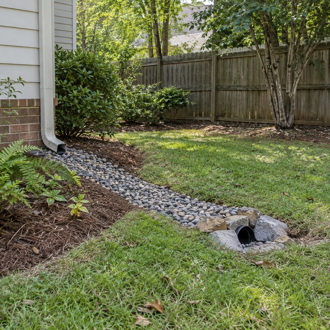 Drain outlet beside a landscaped yard