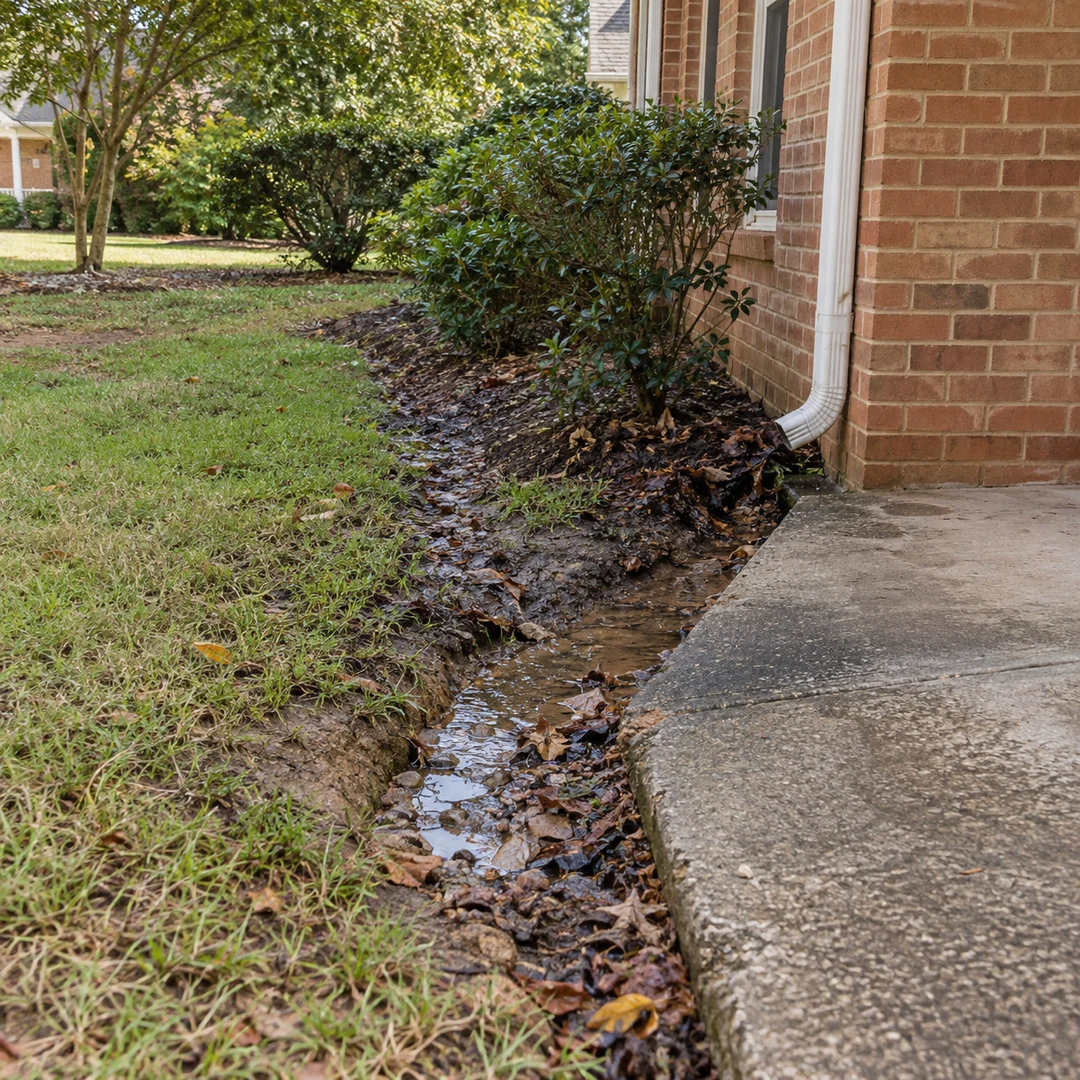 Clogged drainage channel beside a walkway