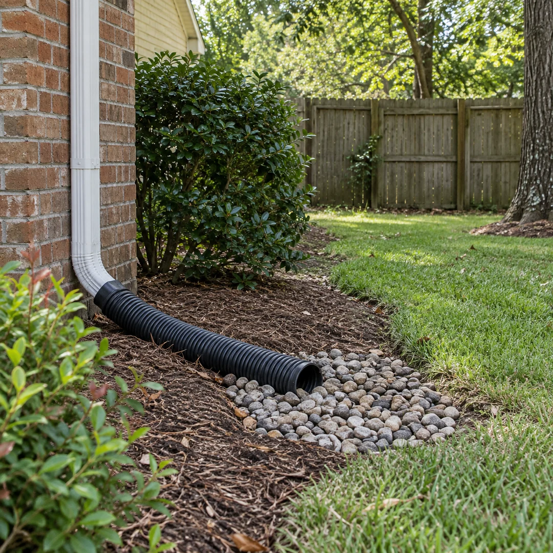 Downspout extension across a landscaped bed