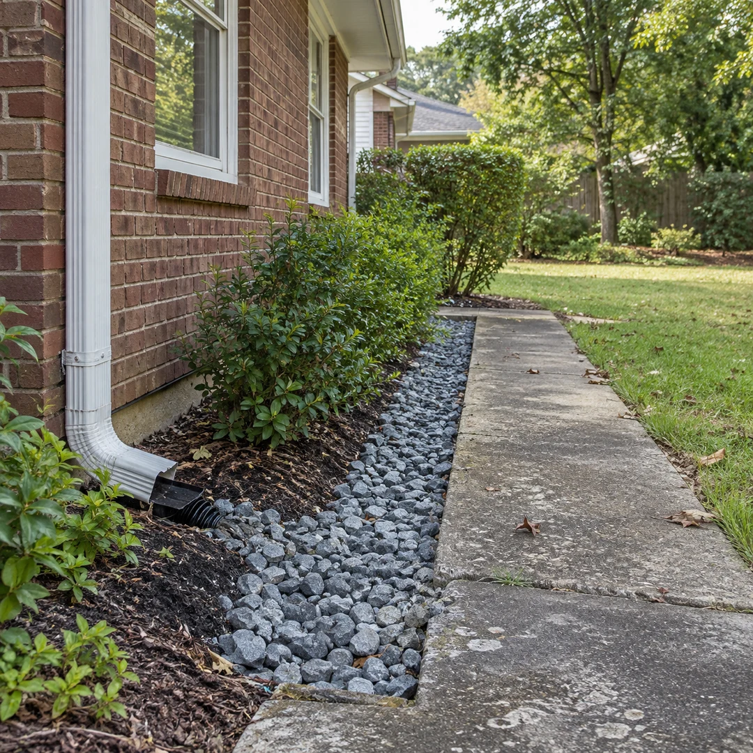 Stone drainage channel beside a brick home