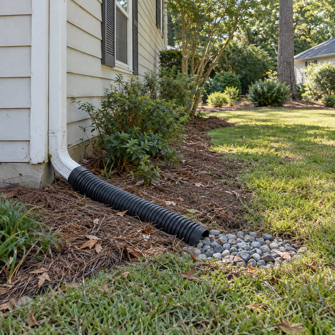 Corrugated downspout extension along the yard